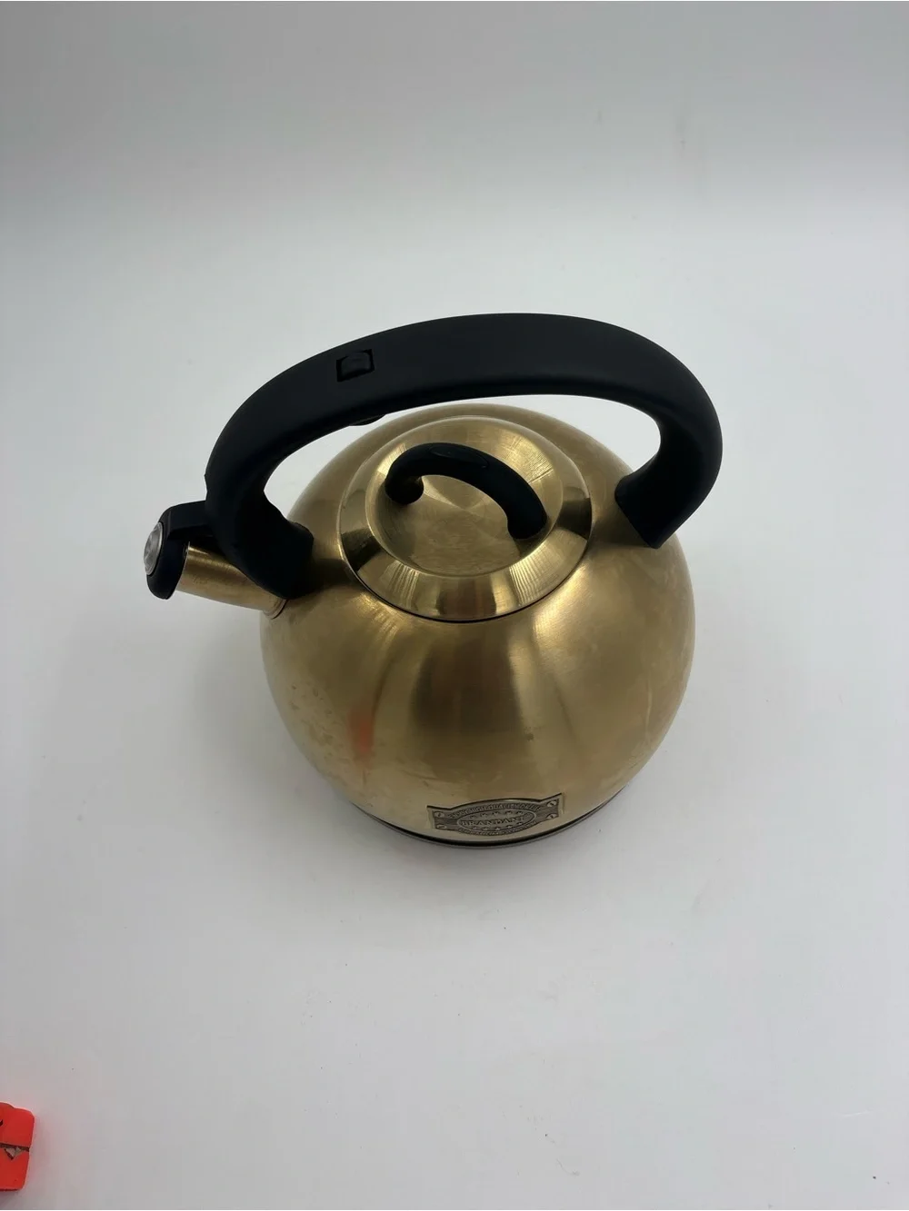 BRANDANI Gold-Colored Whistling Tea Kettle with Black Handle
